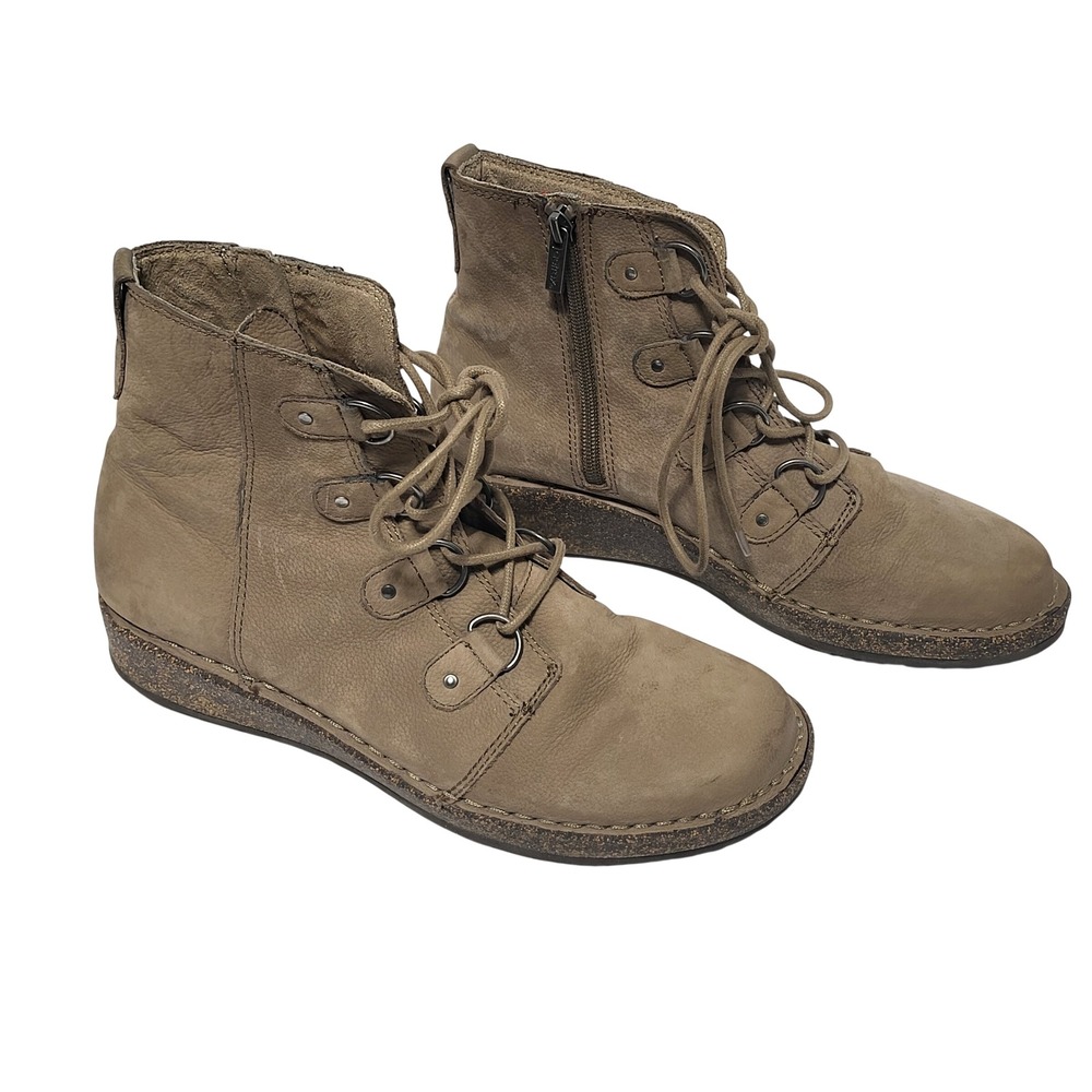 Aetrex Jada‎ BD356W Taupe Leather Lace Up Side Zip Cork Wedge Ankle Boots 9-9.5